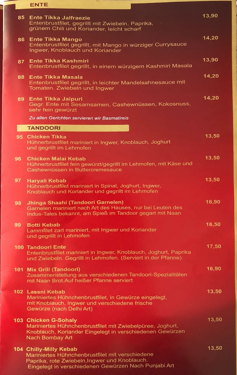 Speisekarte, Maharaja Eichstätt