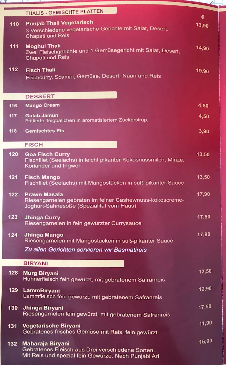 Speisekarte, Maharaja Eichstätt