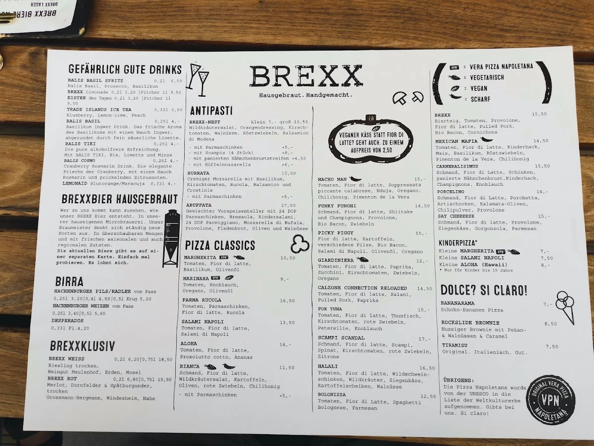 Speisekarte, BREXX. Bier. Pizza. Bowling.