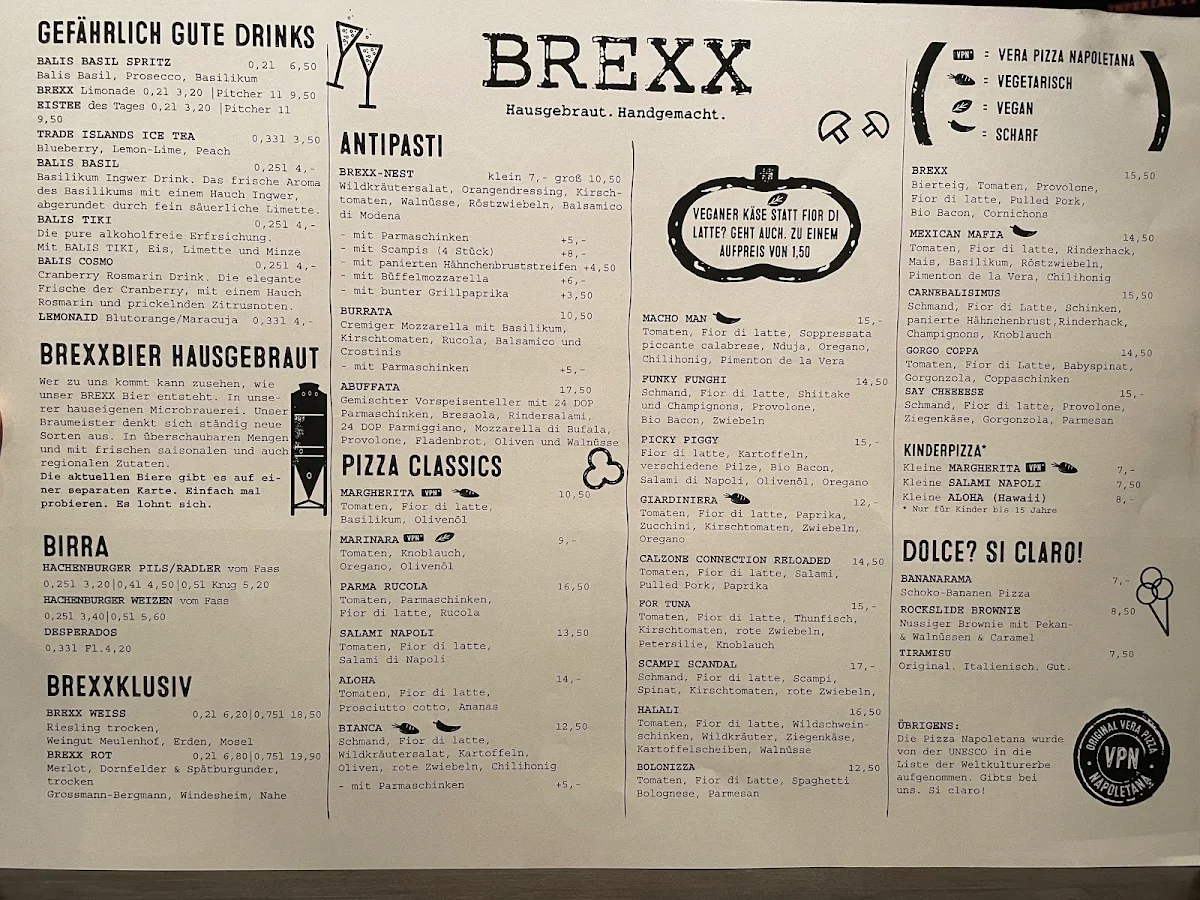 Speisekarte, BREXX. Bier. Pizza. Bowling.