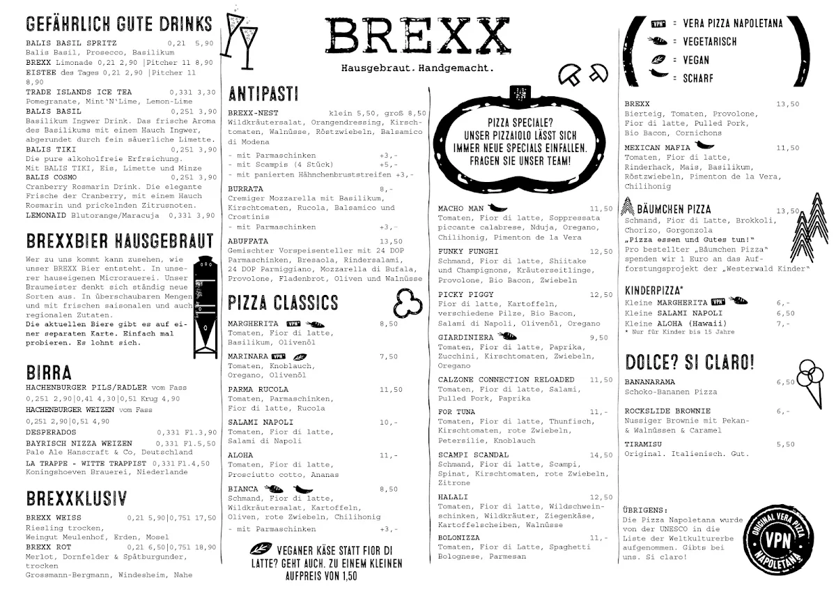 Speisekarte, BREXX. Bier. Pizza. Bowling.