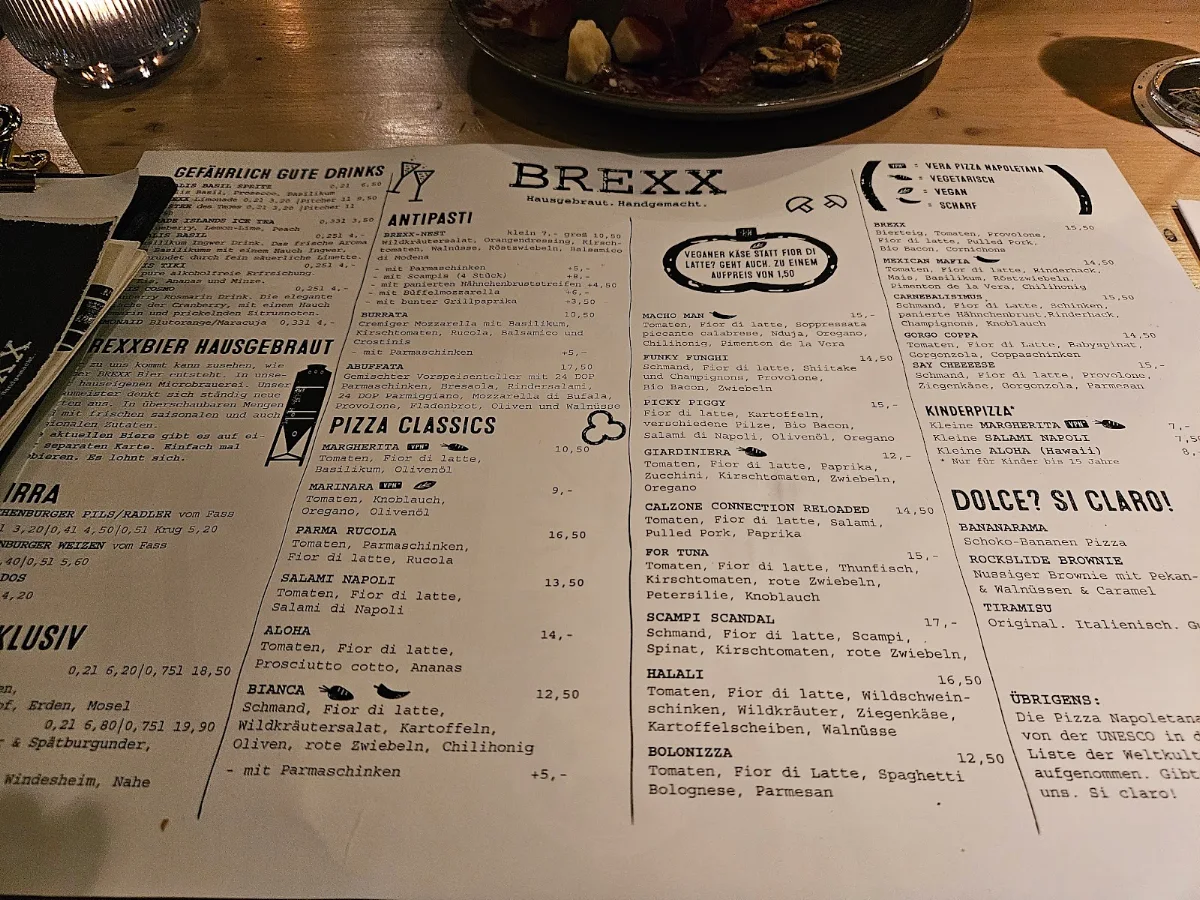Speisekarte, BREXX. Bier. Pizza. Bowling.