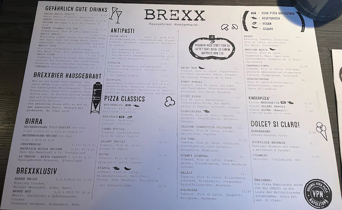 Speisekarte, BREXX. Bier. Pizza. Bowling.