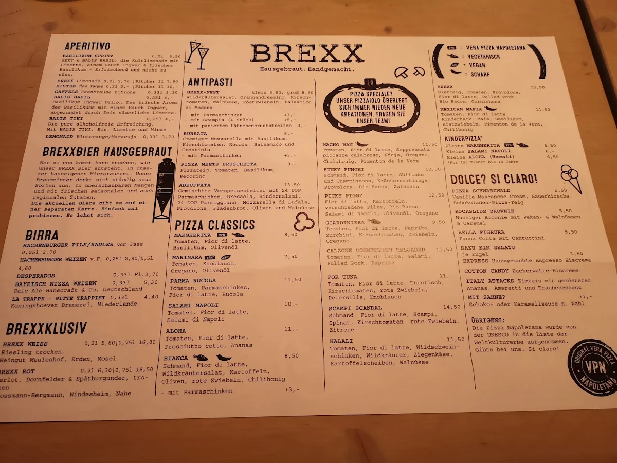 Speisekarte, BREXX. Bier. Pizza. Bowling.