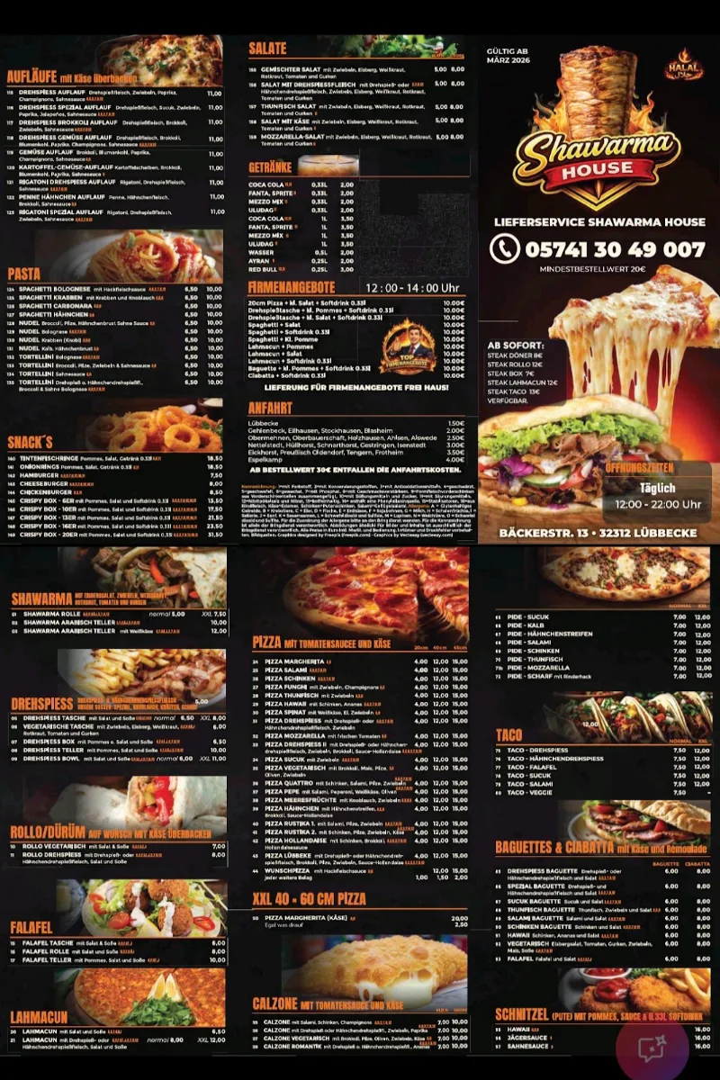 Speisekarte, Pizza & Döner House Lübbecke