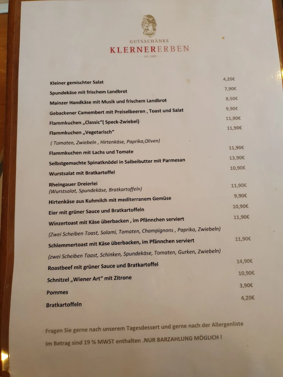 Speisekarte, Klerner Erben
