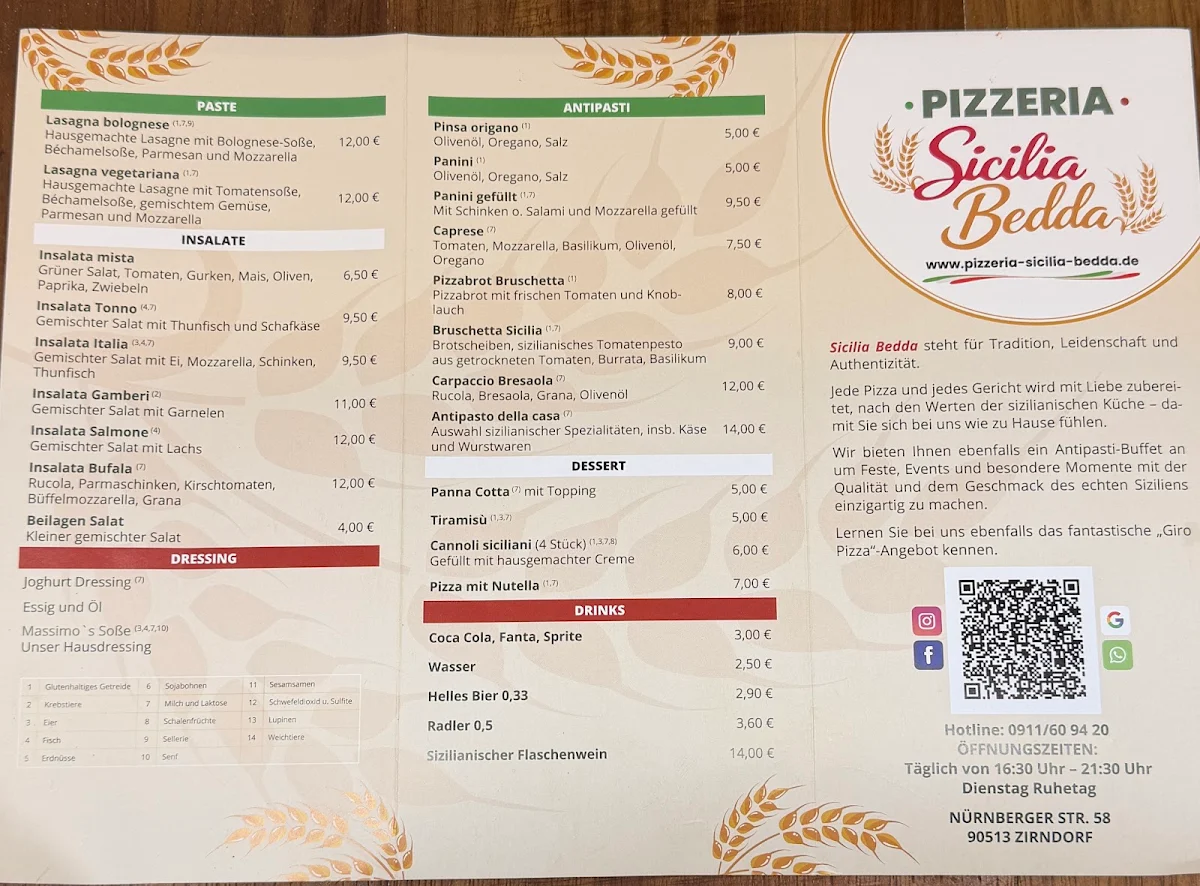 Speisekarte, Pizzeria Sicilia Bedda Zirndorf