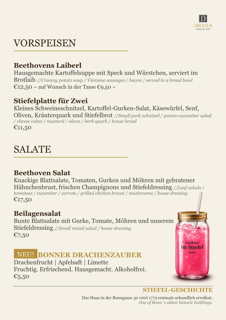 Speisekarte, Gasthaus im Stiefel - Dreesen Gastronomie GmbH
