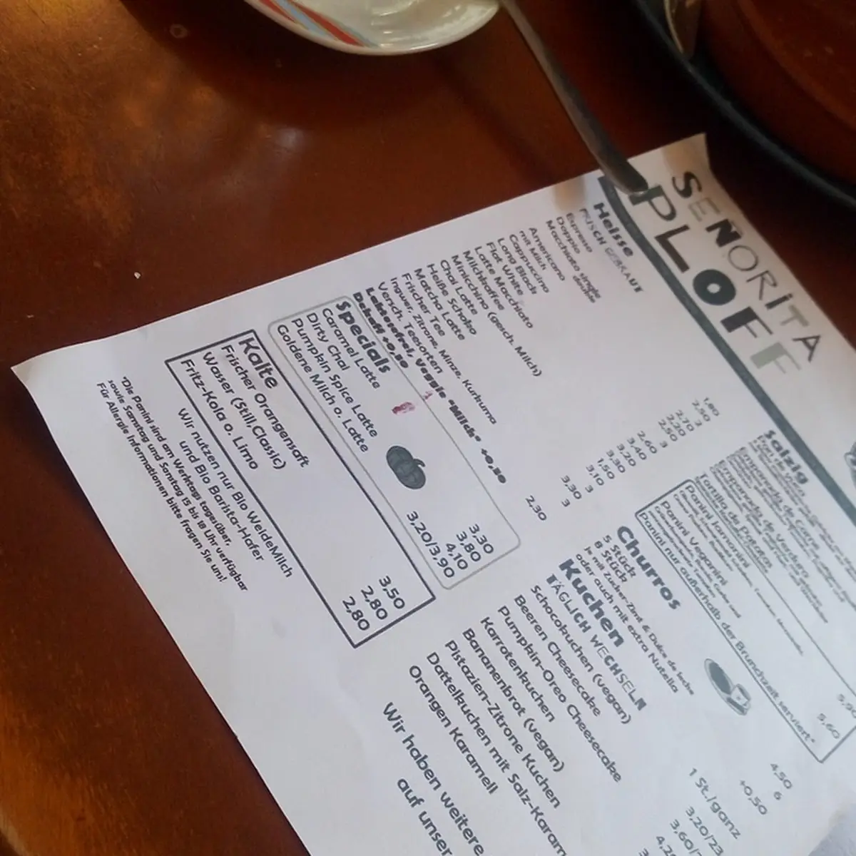 Speisekarte, Café Señorita Ploff