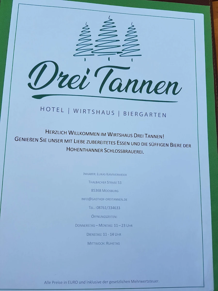 Speisekarte, Gasthof Drei Tannen