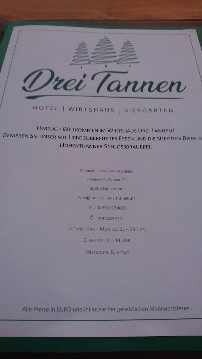 Speisekarte, Gasthof Drei Tannen
