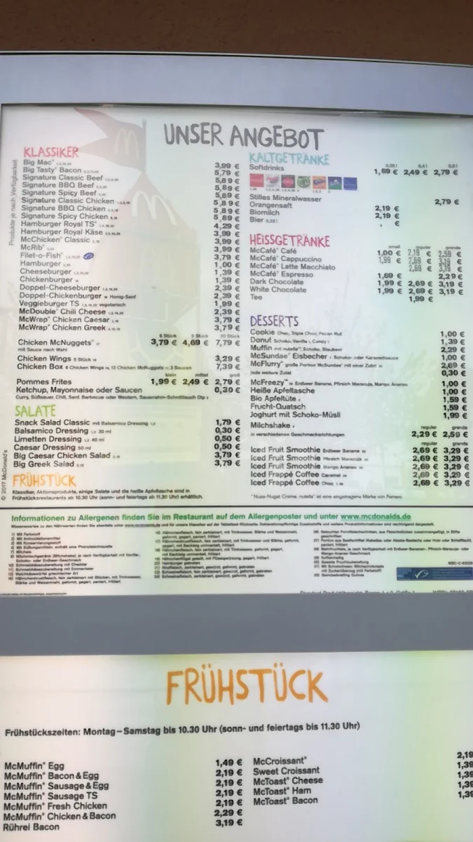 Speisekarte, McDonald's