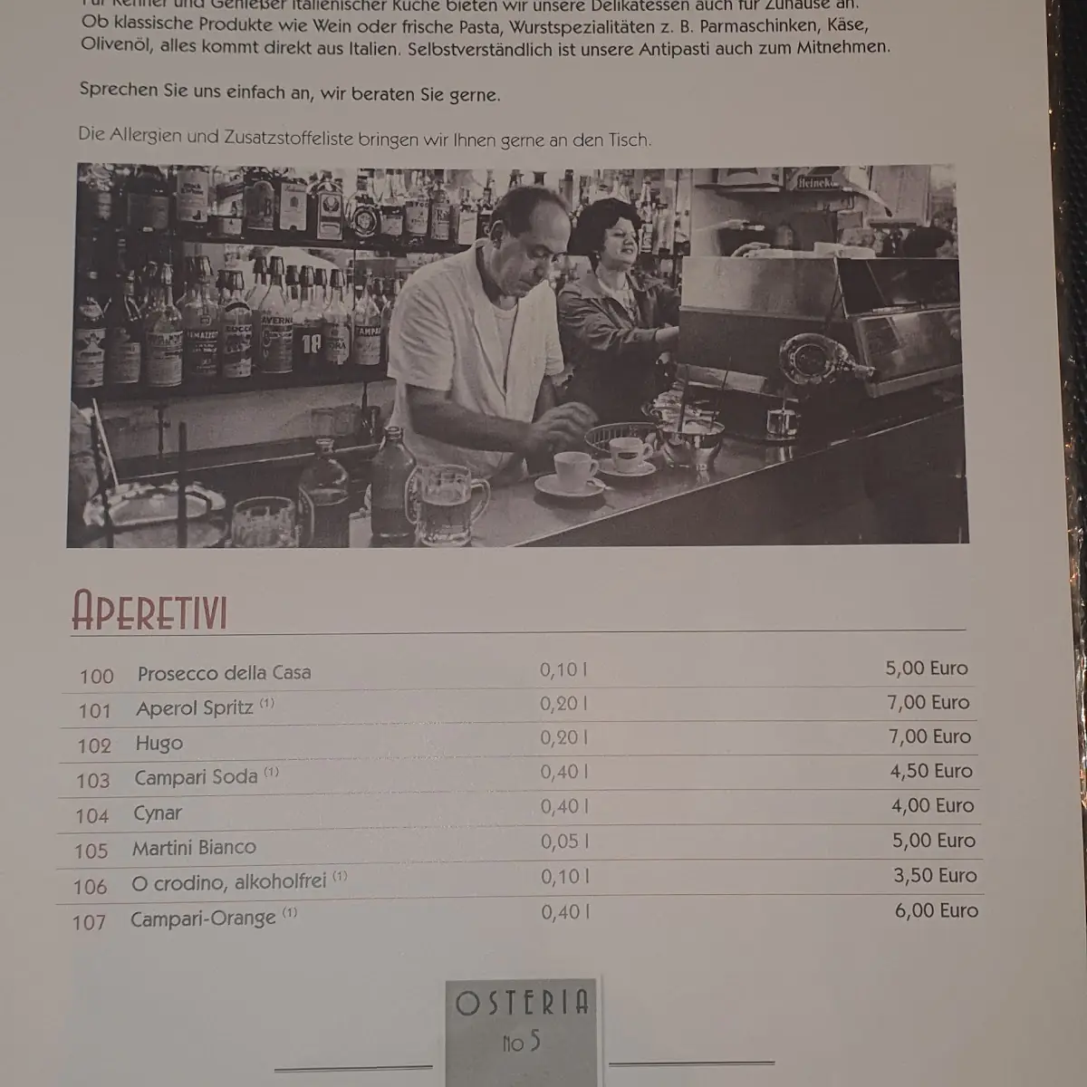 Speisekarte, Osteria No. 5