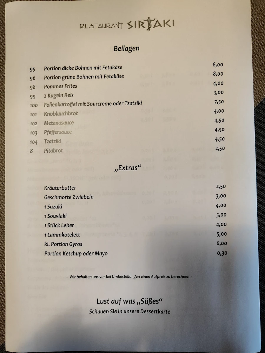 Speisekarte, Restaurant Sirtaki