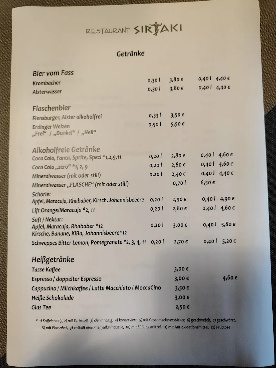 Speisekarte, Restaurant Sirtaki