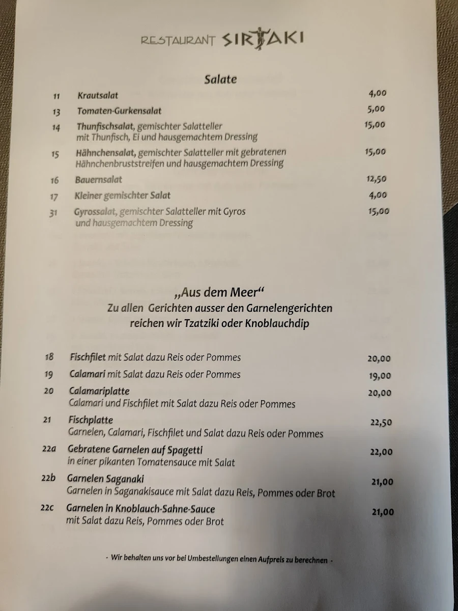 Speisekarte, Restaurant Sirtaki