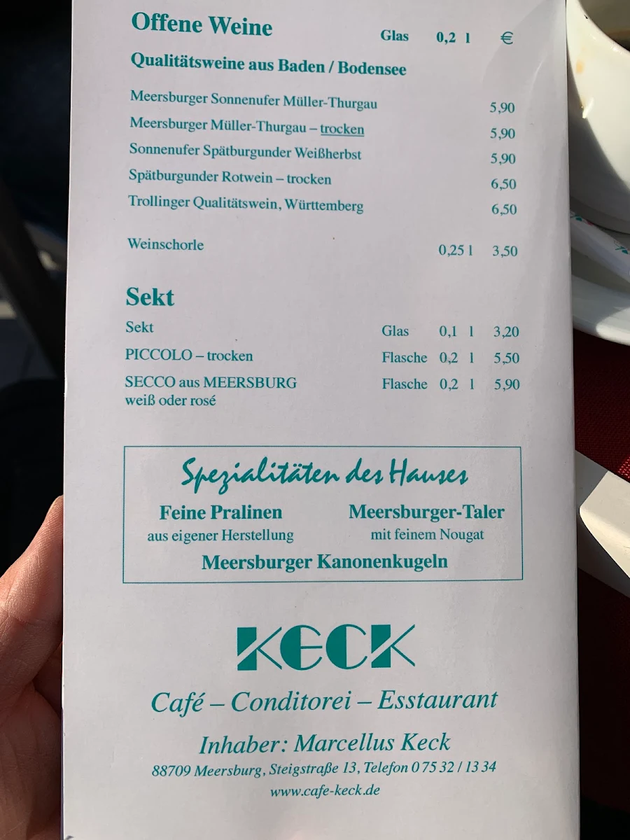 Speisekarte, Cafe Keck
