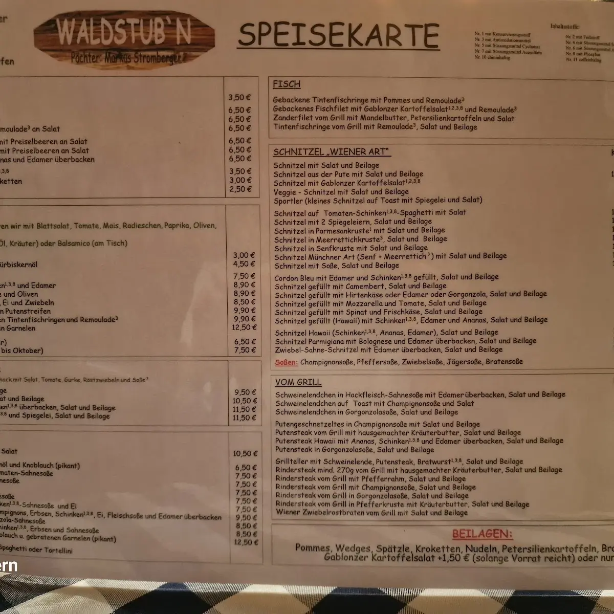 Speisekarte, Waldstub'n