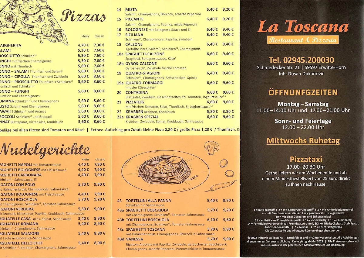 Speisekarte, Pizzaria La Toscana