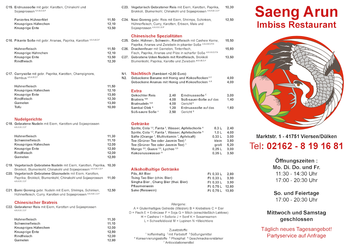 Speisekarte, Thai China Saeng Arun