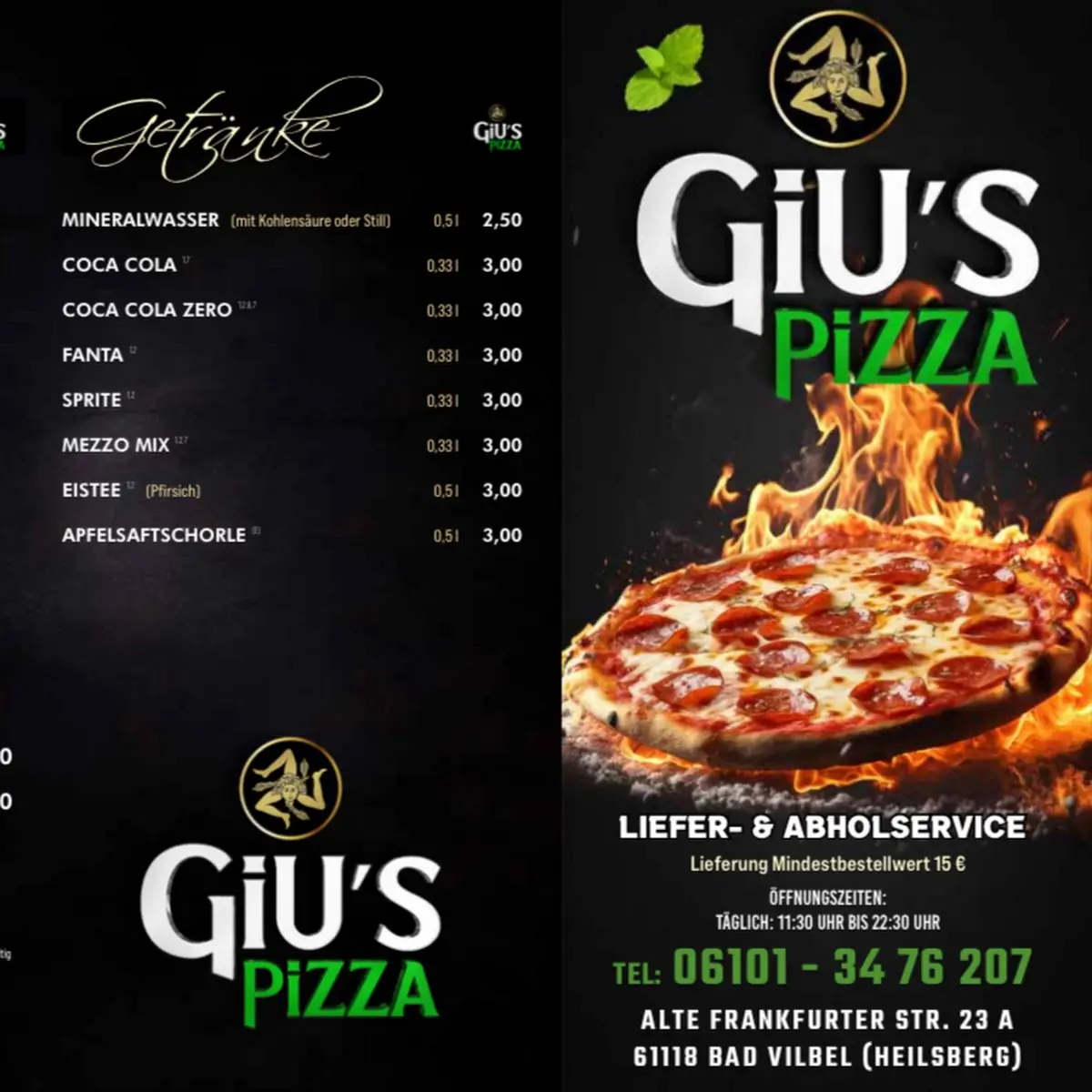 Speisekarte, Giu‘s Pizza