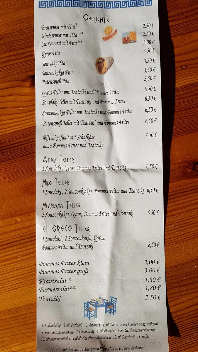 Speisekarte, Restaurant El Greco