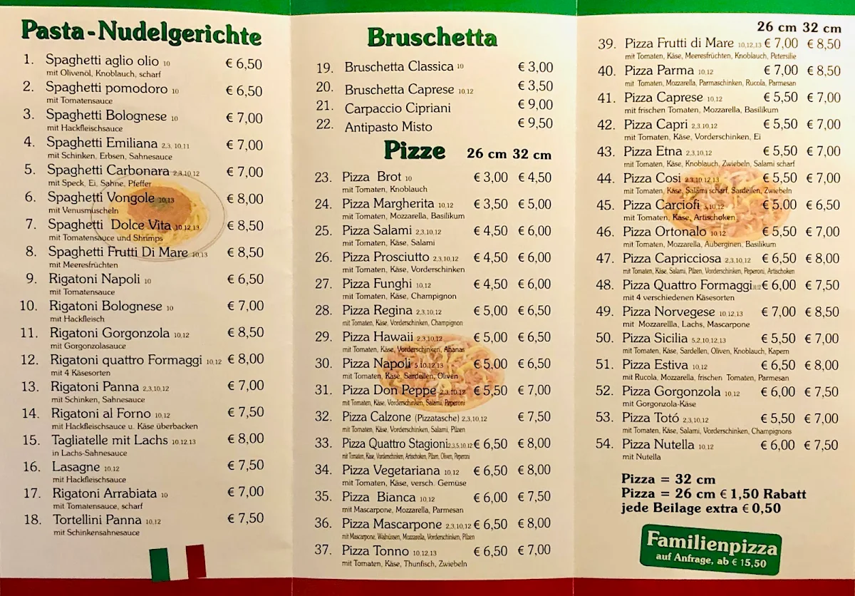 Speisekarte, Da Giuseppe