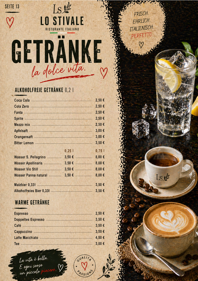 Speisekarte, Ristorante Lo Stivale