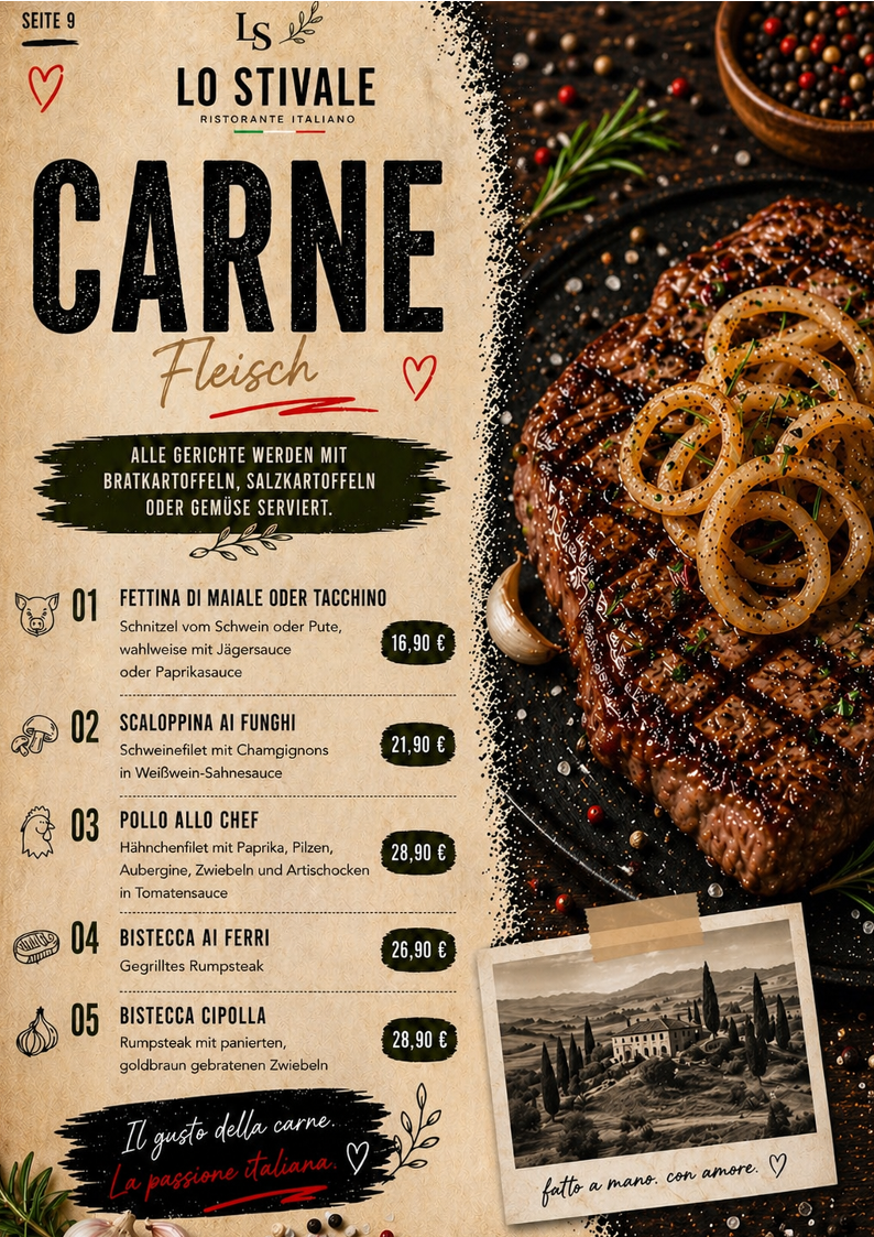 Speisekarte, Ristorante Lo Stivale