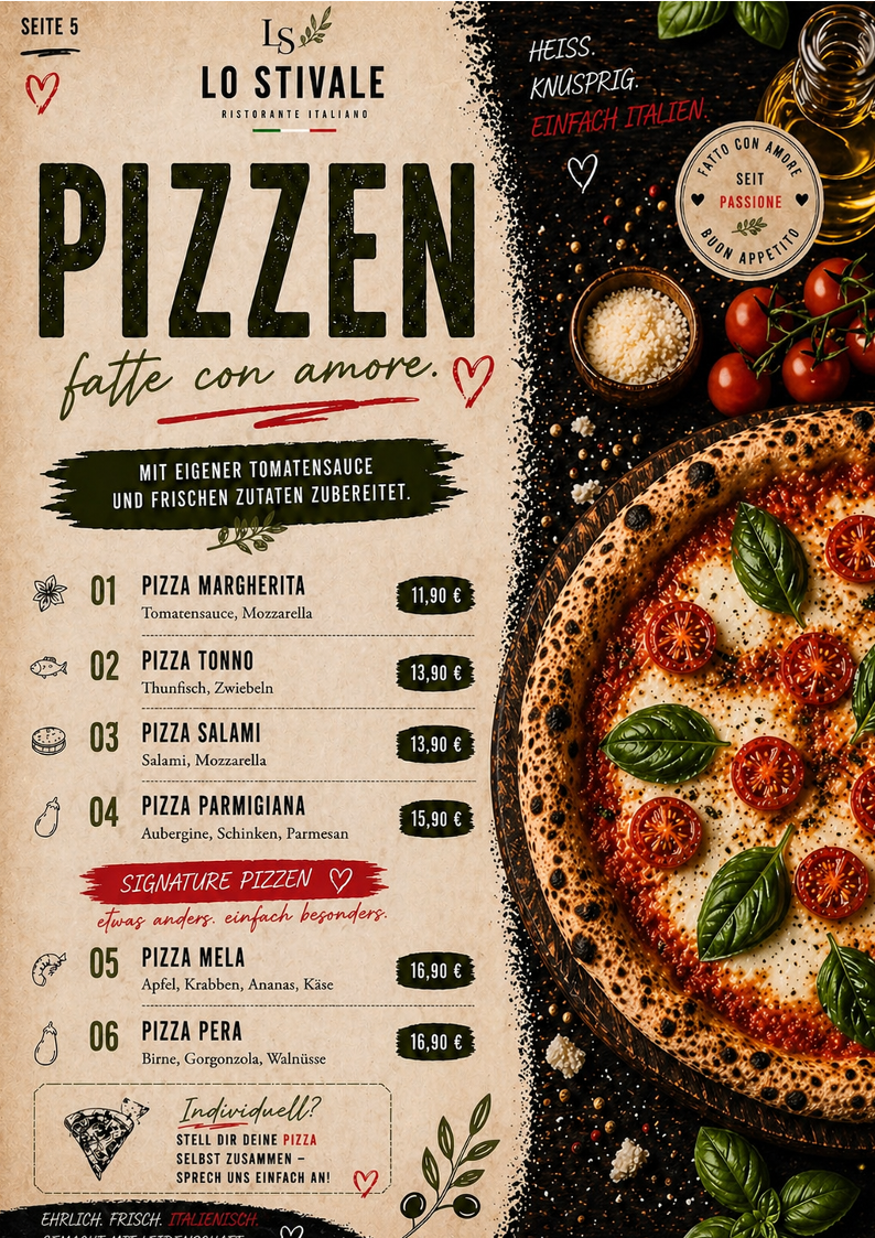 Speisekarte, Ristorante Lo Stivale