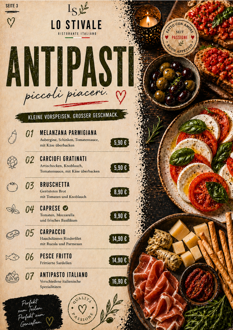 Speisekarte, Ristorante Lo Stivale