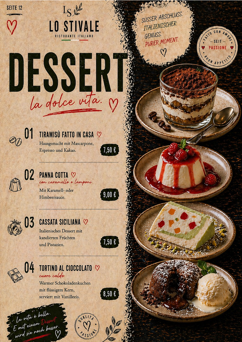 Speisekarte, Ristorante Lo Stivale