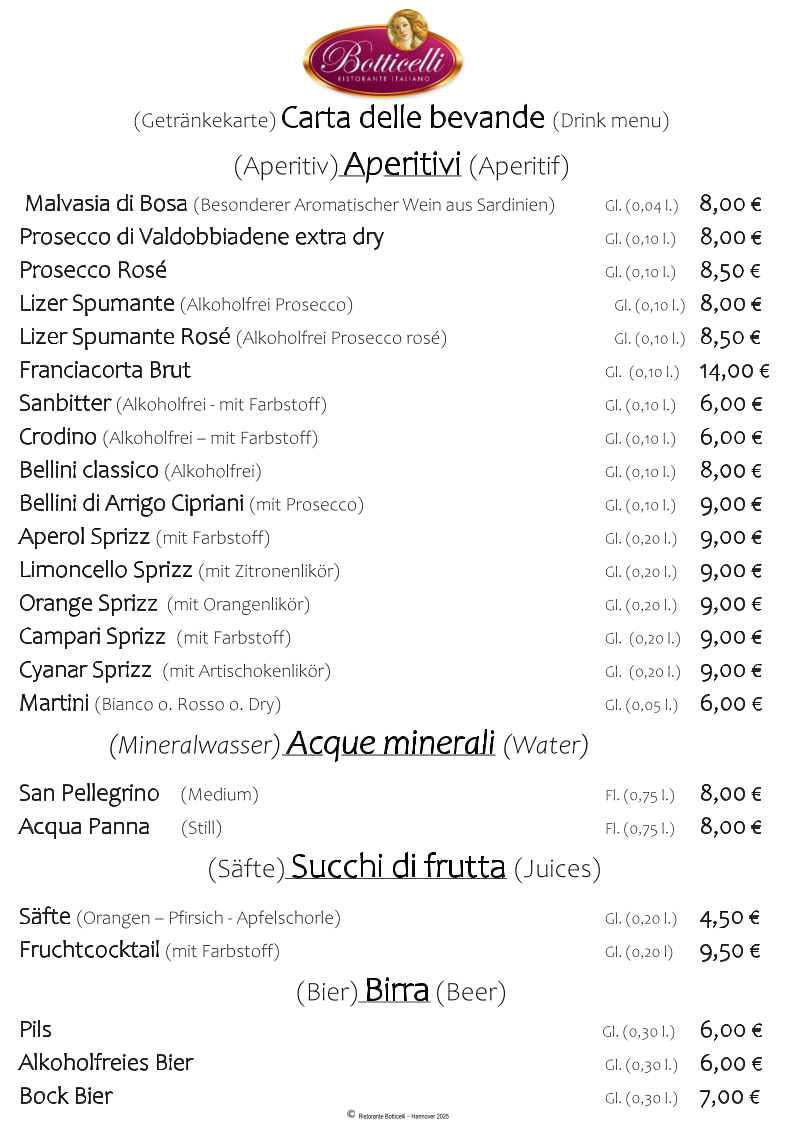 Speisekarte, Botticelli Ristorante