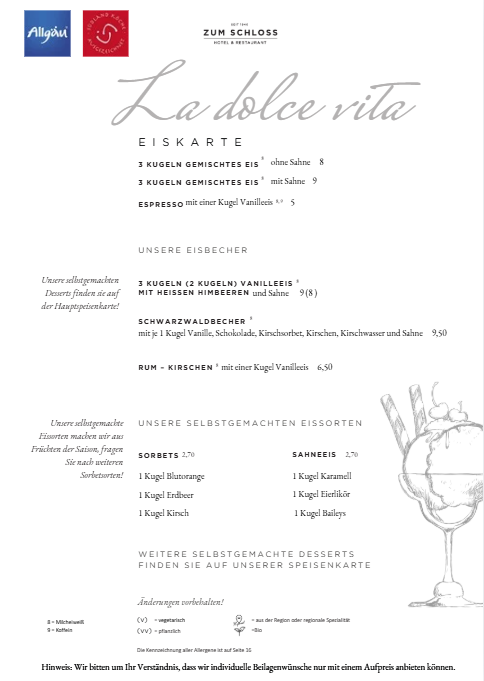 Speisekarte, ZUM SCHLOSS - Hotel & Restaurant