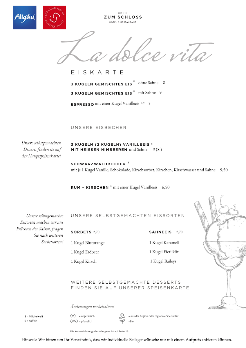Speisekarte, ZUM SCHLOSS - Hotel & Restaurant