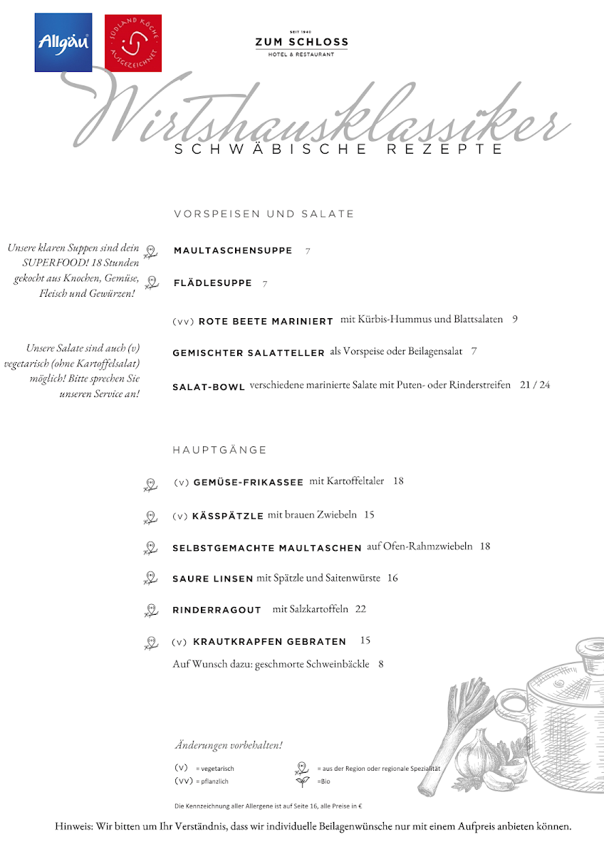Speisekarte, ZUM SCHLOSS - Hotel & Restaurant