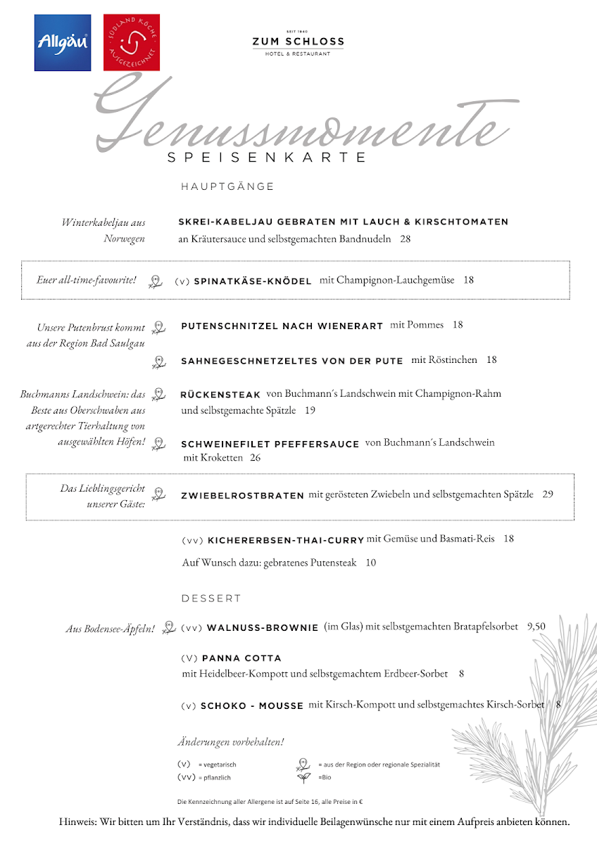 Speisekarte, ZUM SCHLOSS - Hotel & Restaurant