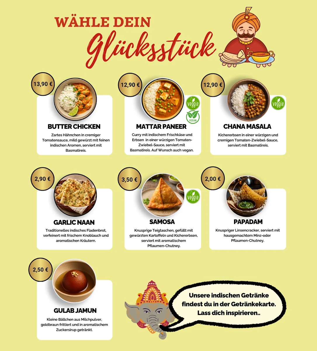 Speisekarte, Glücksstück - Bowl • Samosa • Kiosk