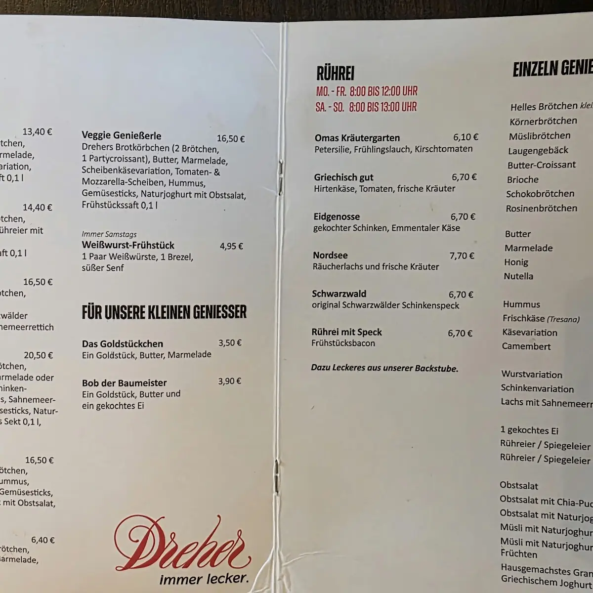 Speisekarte, Bäckerei Dreher
