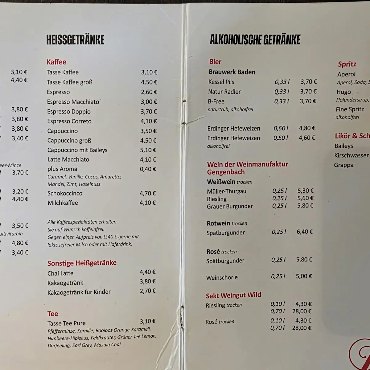 Speisekarte, Bäckerei Dreher