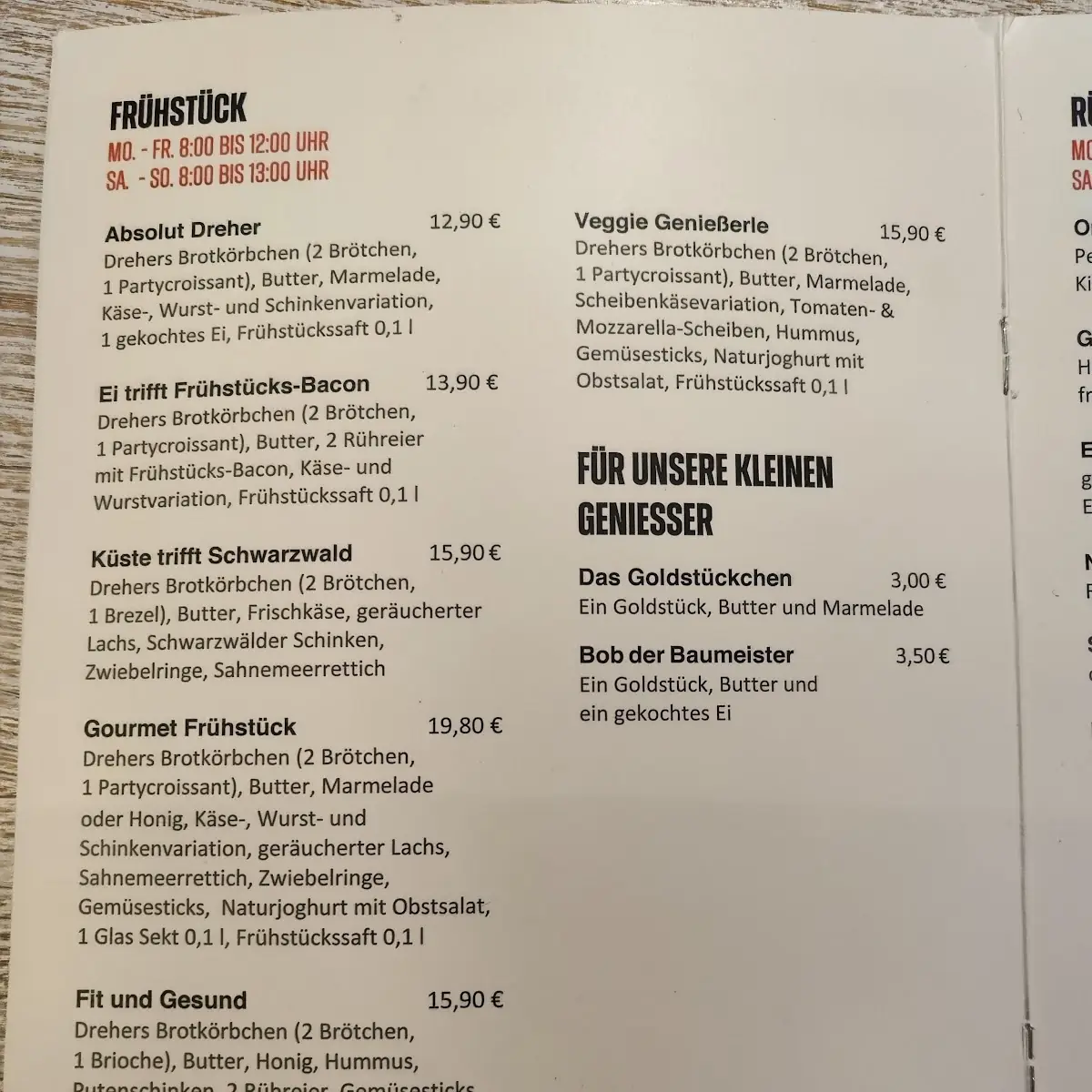 Speisekarte, Bäckerei Dreher