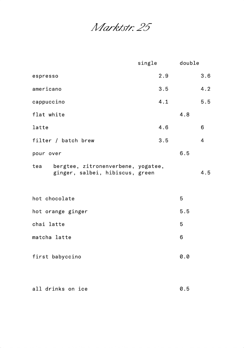 Speisekarte, Café Marktstr.25