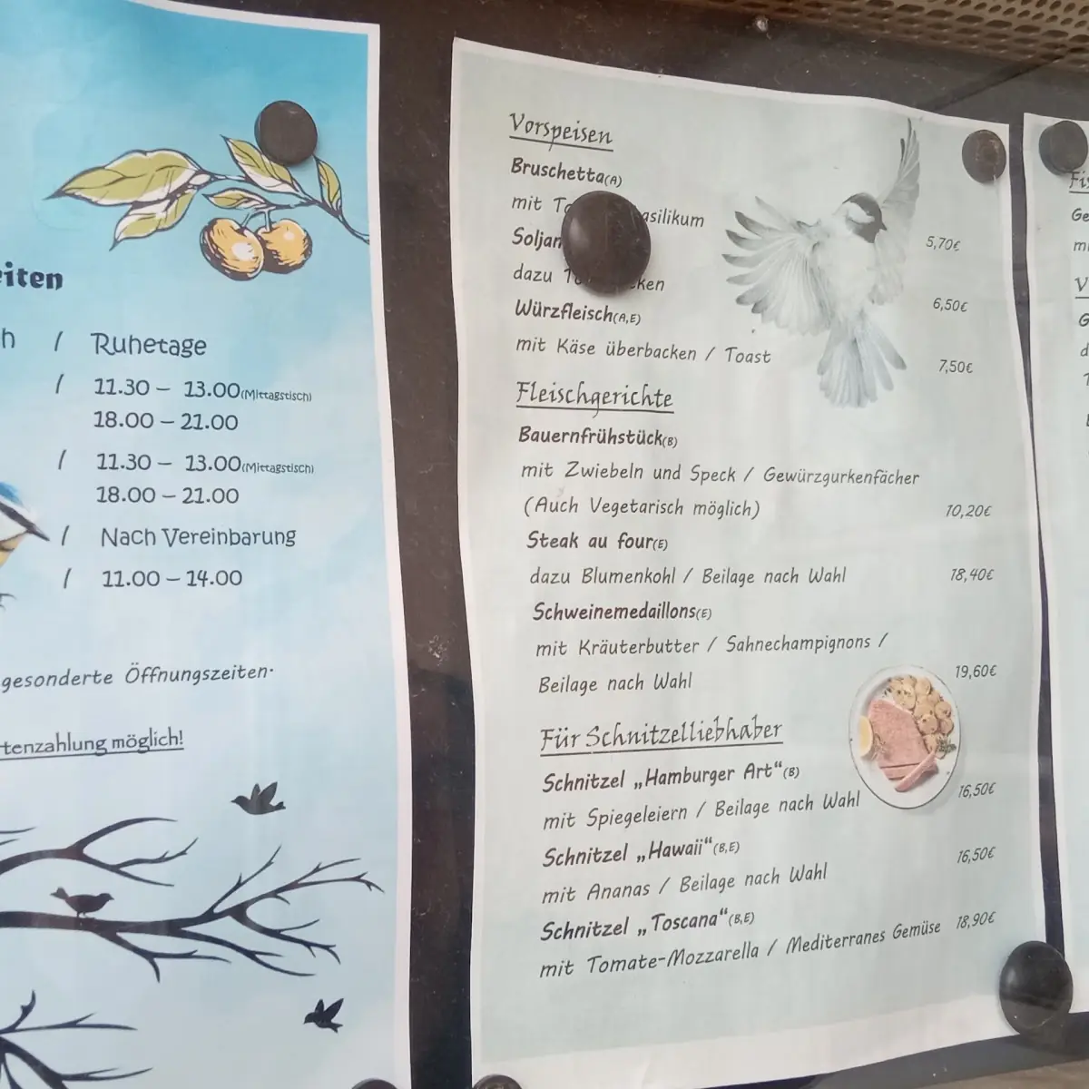 Speisekarte, Gaststätte Zur Meise