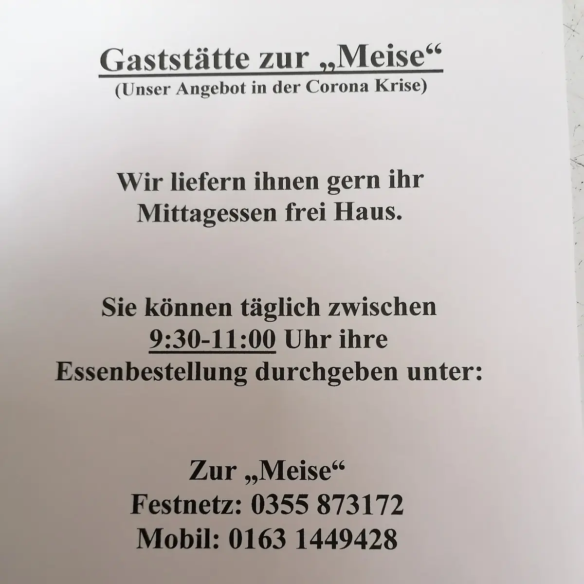 Speisekarte, Gaststätte Zur Meise