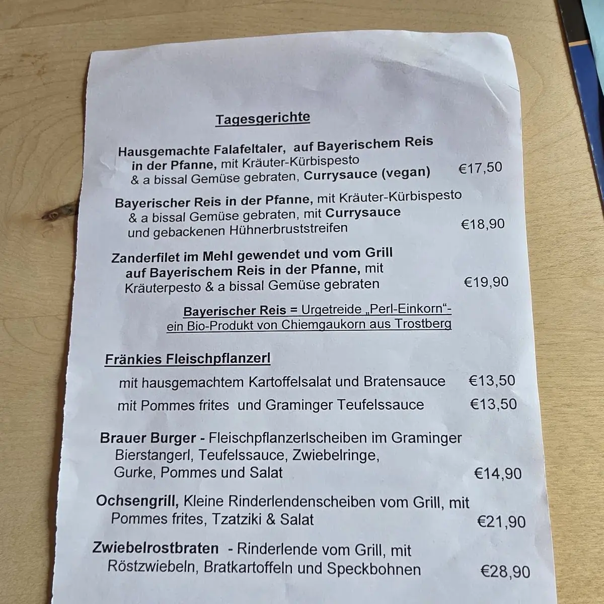 Speisekarte, Graminger Weissbräu