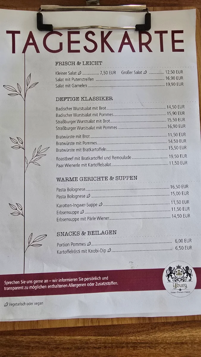 Speisekarte, Yburg Baden-Baden
