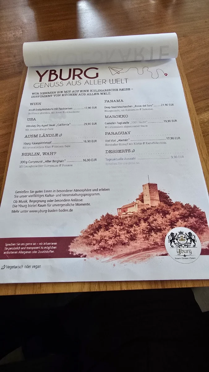 Speisekarte, Yburg Baden-Baden