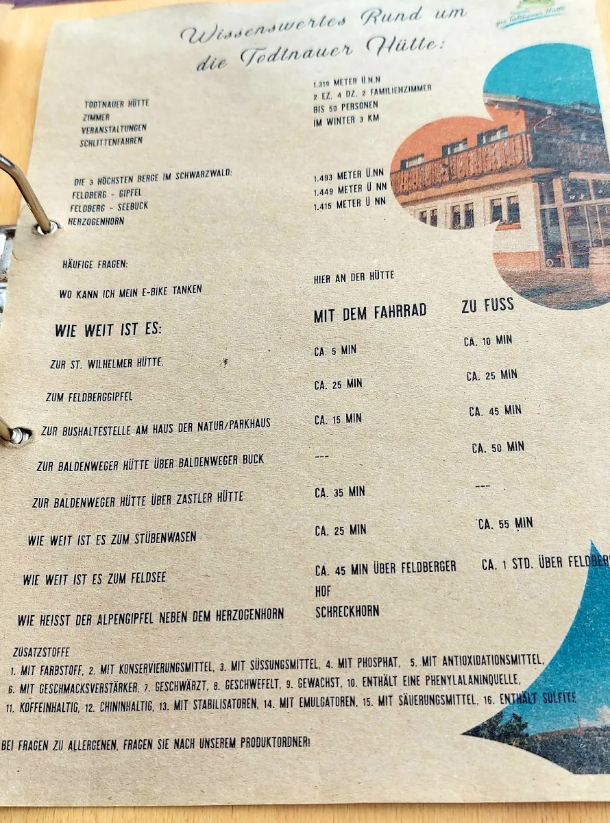 Speisekarte, Todtnauer Hütte - Berggasthof & Pension