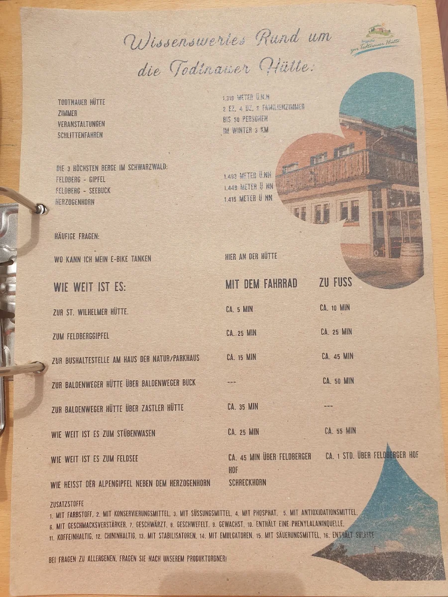 Speisekarte, Todtnauer Hütte - Berggasthof & Pension