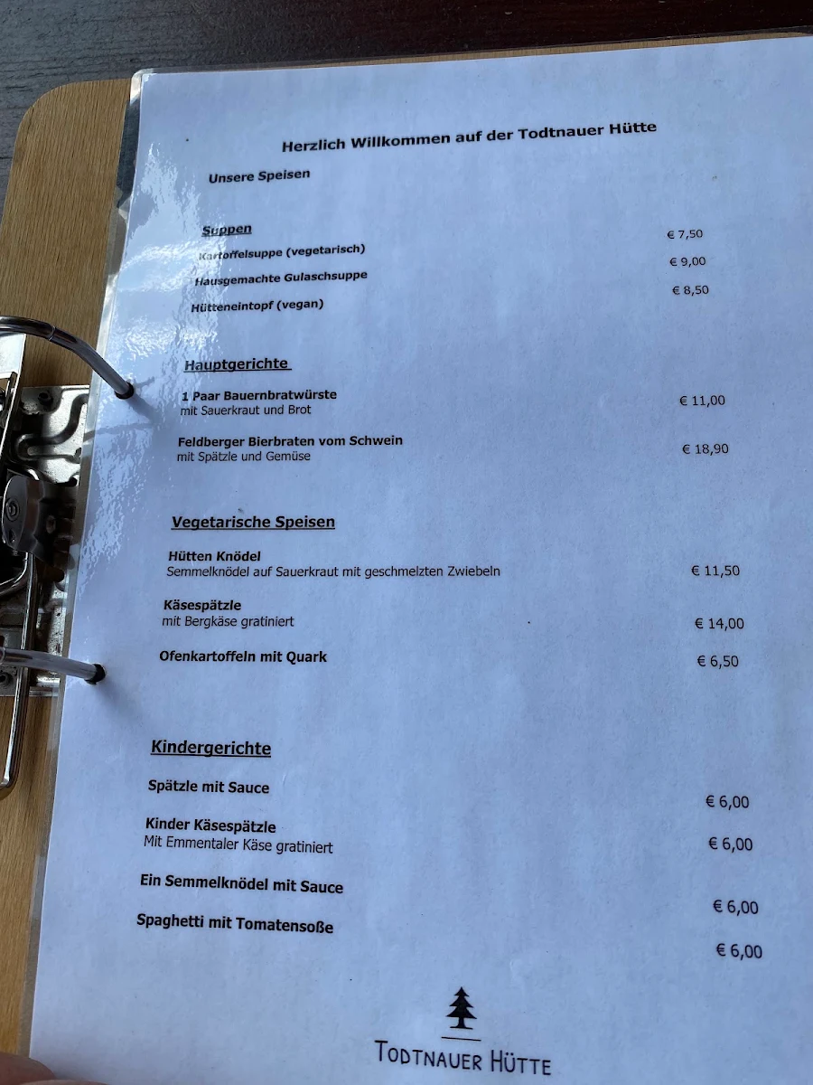 Speisekarte, Todtnauer Hütte - Berggasthof & Pension